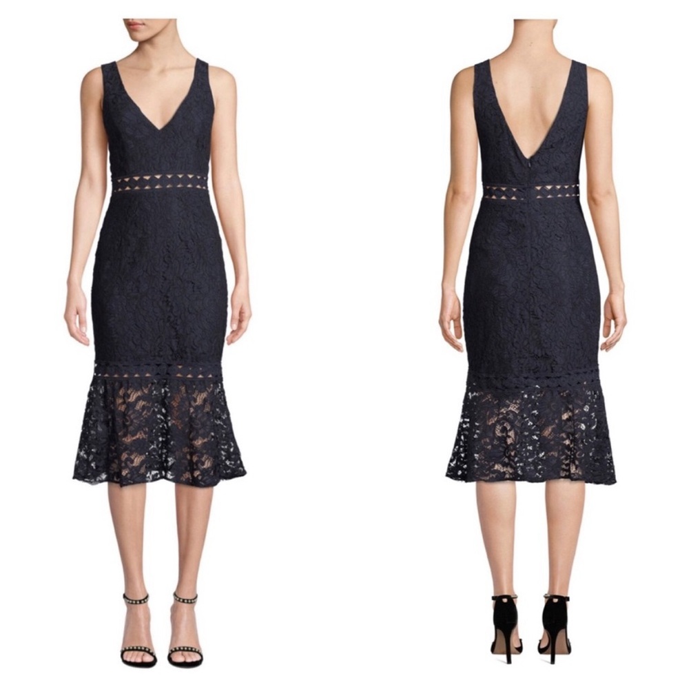 BARDOT Fiona black Lace Cutout V-Neck Trumpet Midi dress black sleevelsss Sz 4